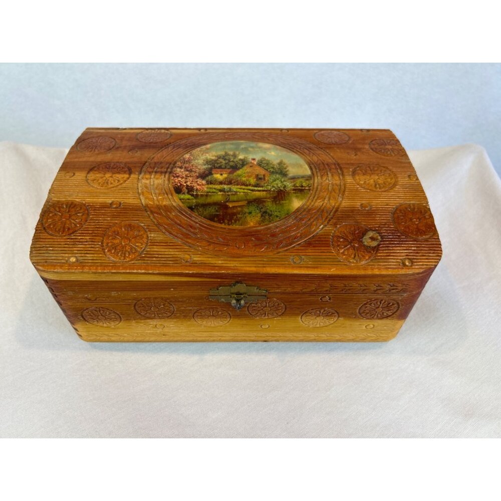 Vintage Wooden Jewelry Box Country Home Painting on Lid Mirror Gold Detail